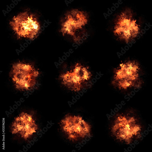 3d explosion rendered assets on black background