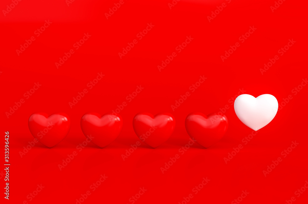 Outstanding white heart floating among red heart and background 3d rendering. 3d illustration pure love and Valentines Day greeting card concept, invitation or banner template.
