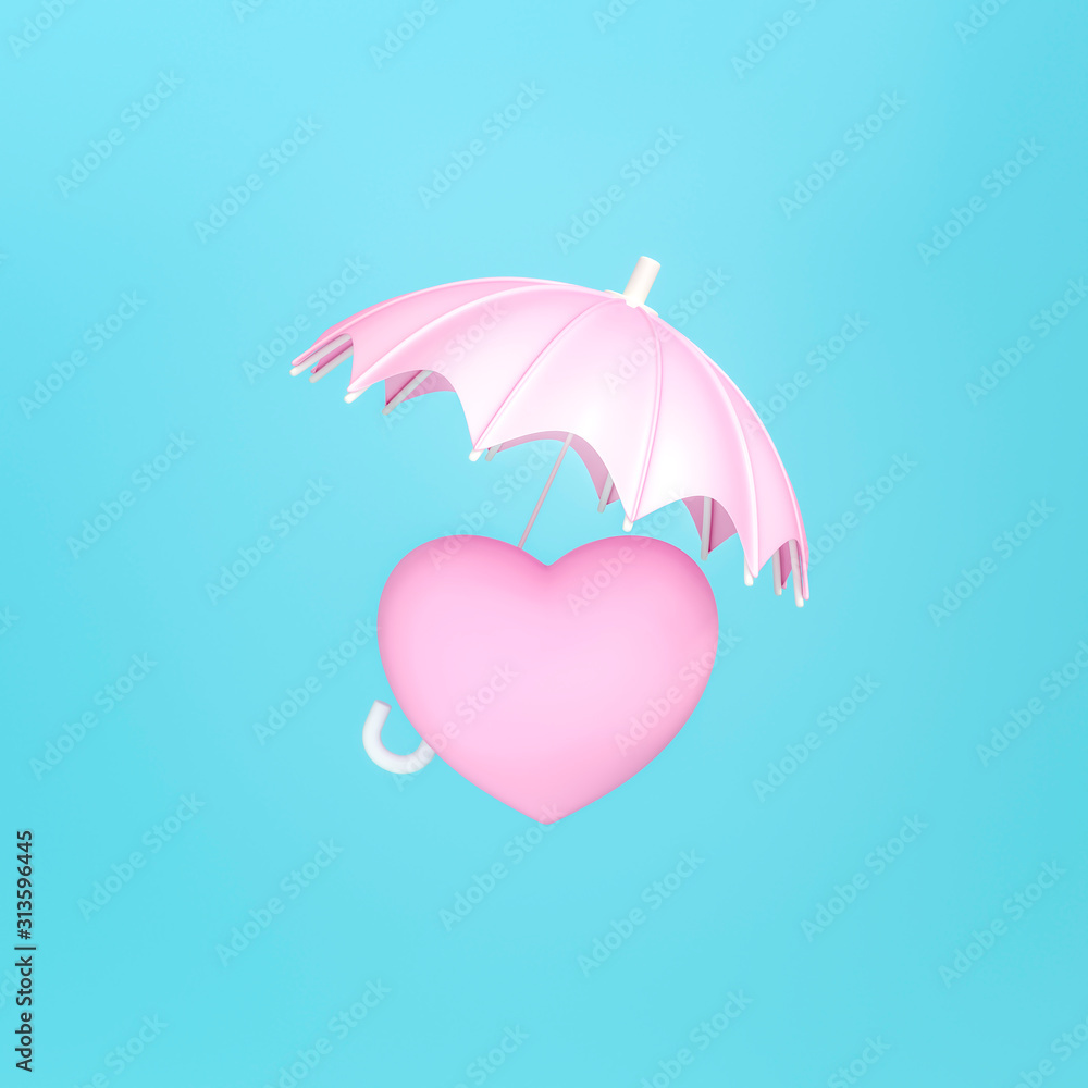 Pink sweet Heart under the umbrella on pastel blue background 3D