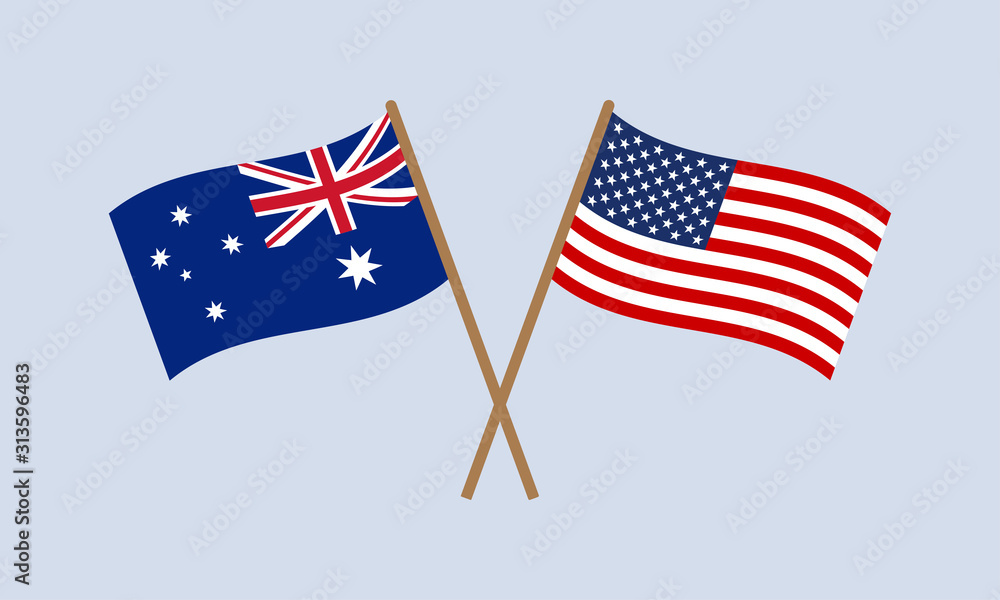 Australia and US crossed flags on stick. American and Australian national symbols. Vector illustration. Australia and US crossed flags on stick. American and Australian national symbols. Vector illustration.