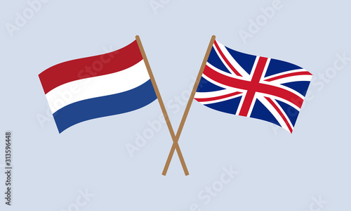 UK and Netherlands crossed flags on stick. Holland and British national symbol. Vector illustration.