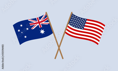 Australia and US crossed flags on stick. American and Australian national symbols. Vector illustration.