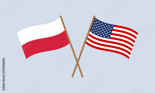 Fotografia Poland and USA crossed flags on stick