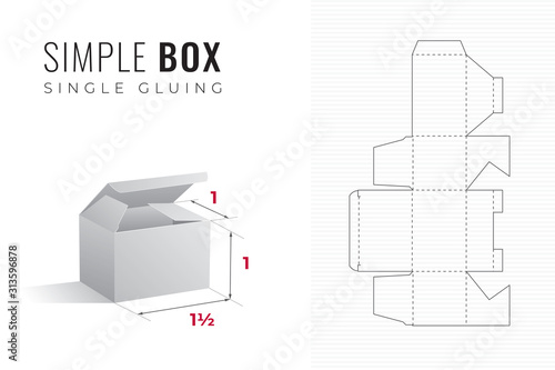 Simple Packaging Box Die Cut One and a Half Width Template with 3D Preview - Black Editable Blueprint Layout with Cutting and Scoring Lines on Striped Background - Draw Graphic Design