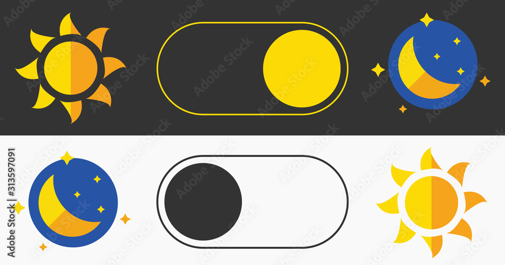 Sleeping mode turn on, off. On Off Switch. Light and Dark Buttons. Simple dark mode switch icon.