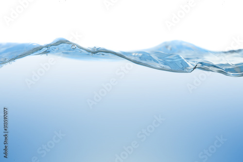 Water splash. Aqua flowing in waves and creating bubbles. Drops on the water surface feel fresh and clean. isolated on white background.