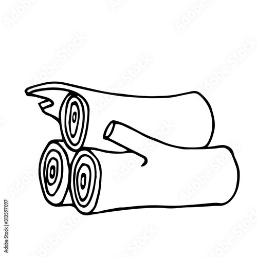 firewood stacked in a woodpile for a rustic stove, vector illustration with black contour lines isolated on a white background in Doodle and hand drawn style