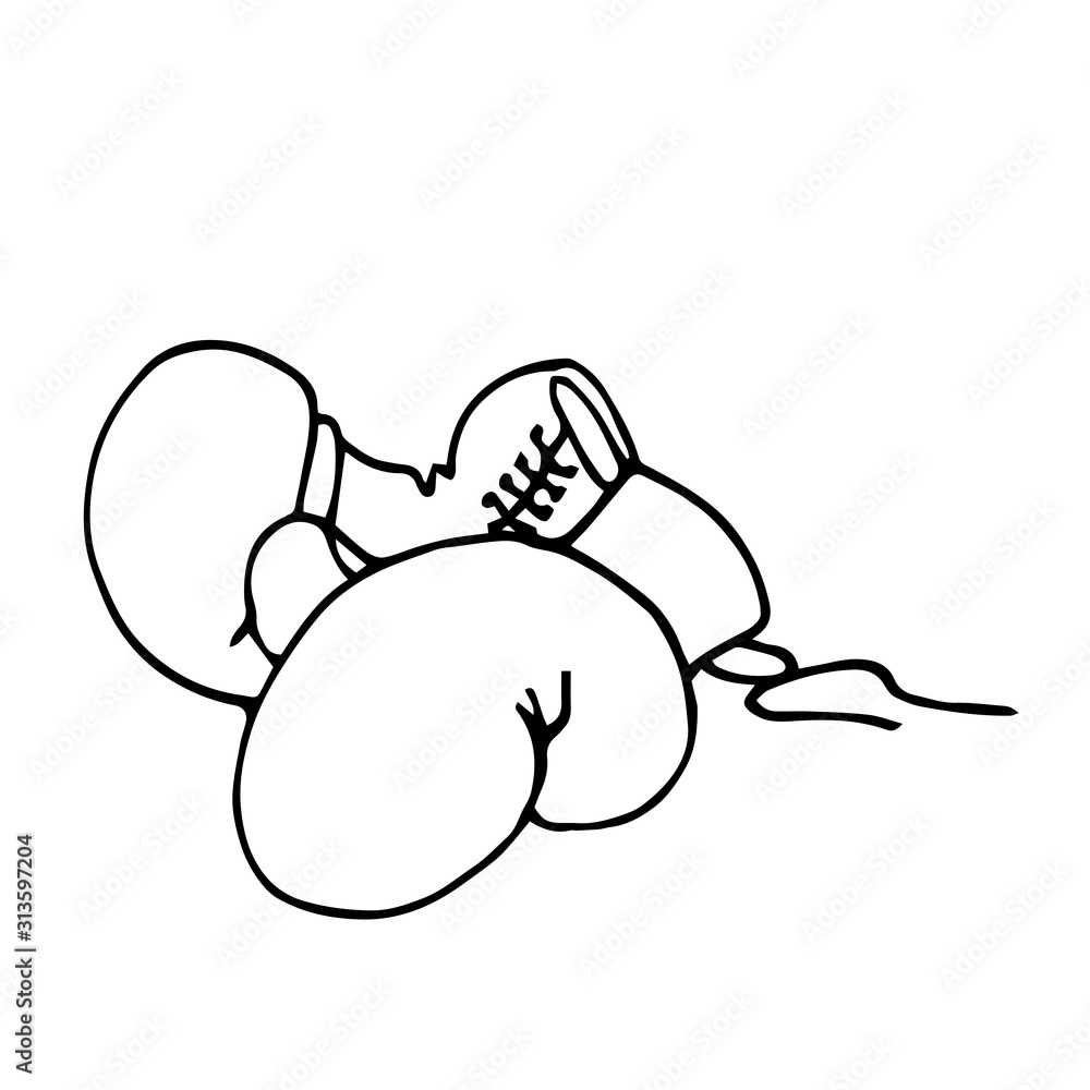 a pair of leather old training Boxing gloves with lacing, vector illustration with black contour lines isolated on white background in Doodle style and hand drawn a pair of leather old training Boxing gloves with lacing, vector illustration with black contour lines isolated on white background in Doodle style and hand drawn