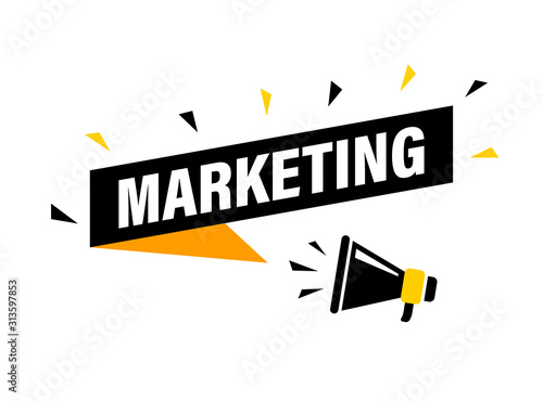 Male hand holding megaphone with marketing speech bubble. Loudspeaker. Banner for business, marketing and advertising. Vector illustration.