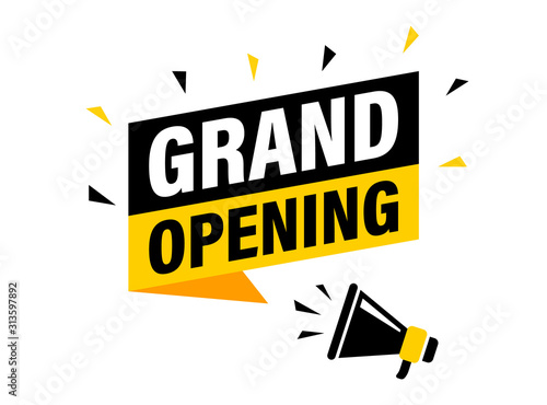 Male hand holding megaphone with grand opening speech bubble. Loudspeaker. Banner for business, marketing and advertising. Vector illustration.