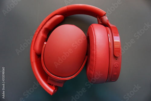 an image of red headphones used for music.