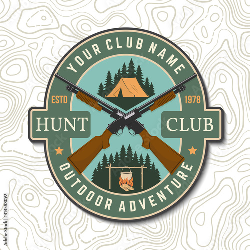 Hunting club. Vector. Concept for shirt, print, stamp or tee. Vintage typography design with hunting gun, pot on the fire, camping tent and forest silhouette. Outdoor adventure hunt club emblem