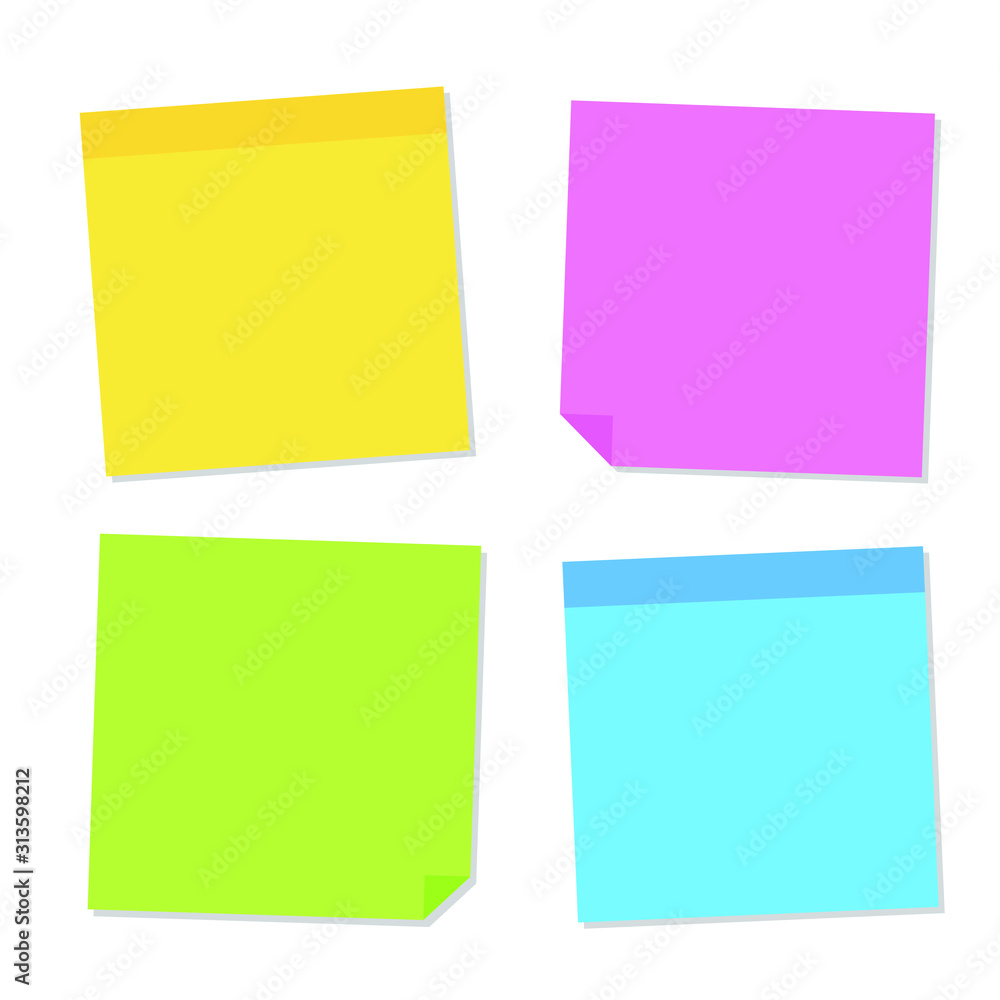 Blank post for message, to do list, memory. Sticky colored notes. Set different colored sheets of note paper. Post note paper with curled corners and shadows. Vector illustration Blank post for message, to do list, memory. Sticky colored notes. Set different colored sheets of note paper. Post note paper with curled corners and shadows. Vector illustration
