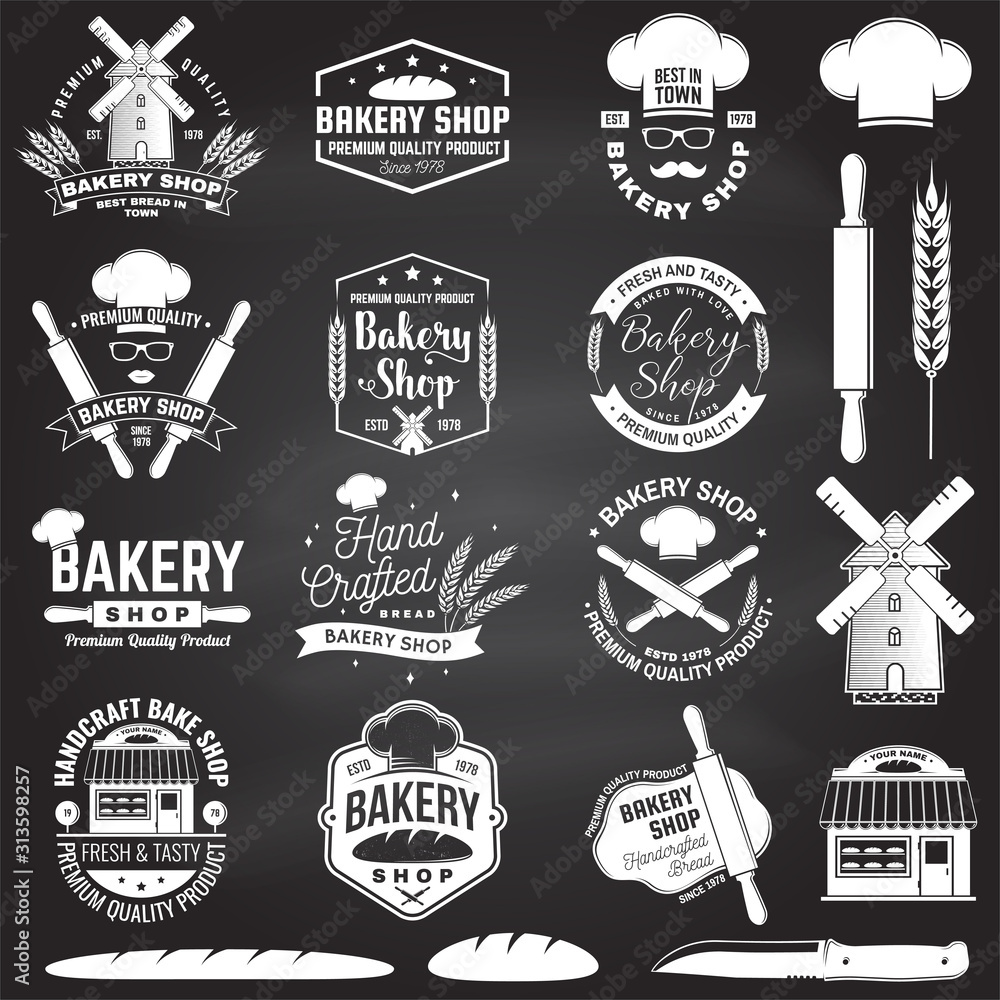 Fototapeta premium Set of Bakery shop badge on the chalkboard. Concept for badge, shirt, label, stamp. Design with windmill, rolling pin, dough, wheat ears silhouette. For restaurant identity, packaging menu