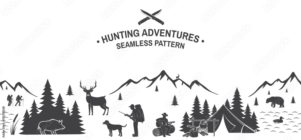 Set of Hunting adventures seamless pattern. Vector. Outdoor adventure background for wallpaper or wrapper. Seamless scene with hunting gun, boar, hunter, bear, deer, mountains and forest.