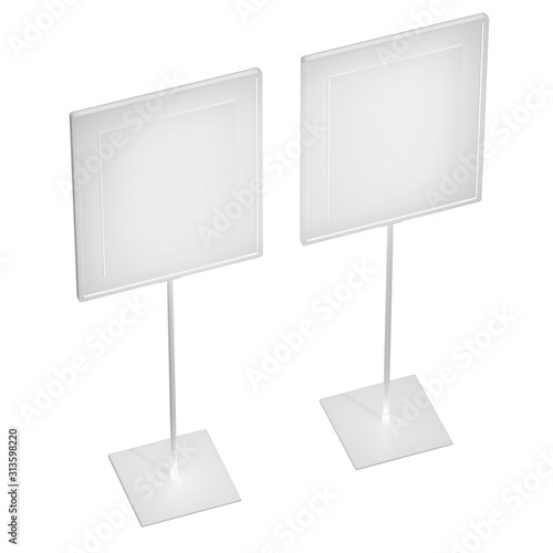 Blank nameplate stand. Trade show booth white and blank. 3d render isolated on white background. High Resolution Template for your design.