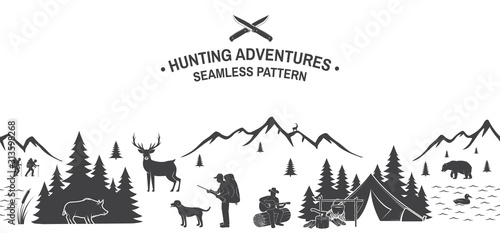 Set of Hunting adventures seamless pattern. Vector. Outdoor adventure background for wallpaper or wrapper. Seamless scene with hunting gun, boar, hunter, bear, deer, mountains and forest.