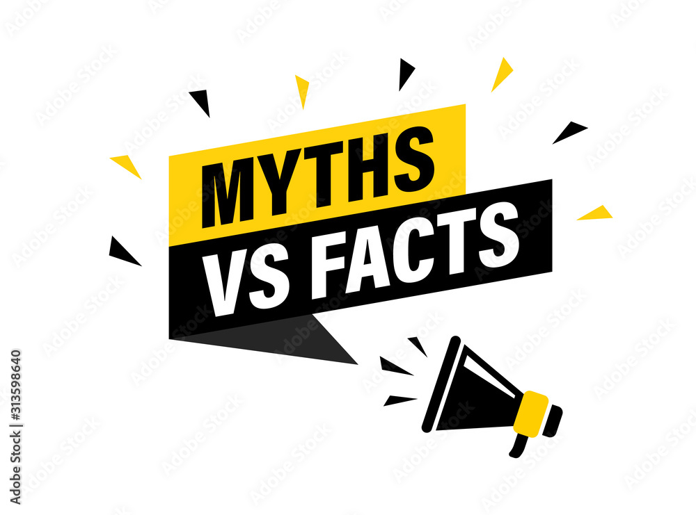 Male hand holding megaphone with Myths vs facts speech bubble. Loudspeaker. Banner for business, marketing and advertising. Vector illustration.