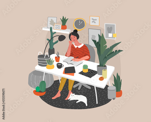 Young woman sitting at desk in scandinavian interior with homeplants and thinking what to write on white paper. Creativity crisis, go thought work start problem or learning