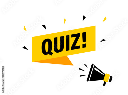 Male hand holding megaphone with quiz speech bubble. Loudspeaker. Banner for business, marketing and advertising. Vector illustration.
