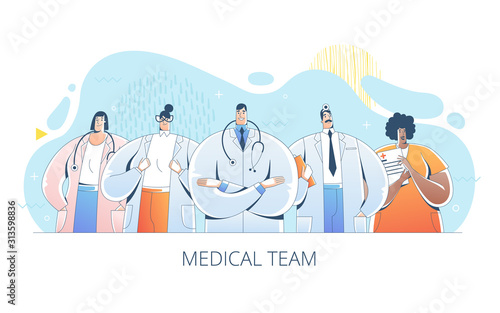 A team of professional doctors stand together. Hand drawn flat style vector design illustrations.