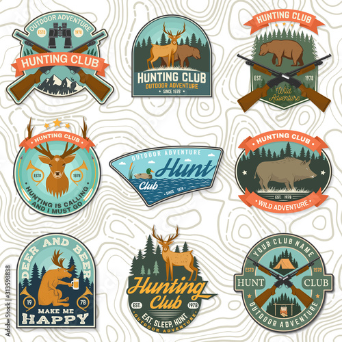 Set of Hunting club badge. Vector Concept for shirt, print, stamp. Vintage typography design with hunting gun, boar, hunter, bear, deer, duck and forest. Outdoor adventure hunt club emblem