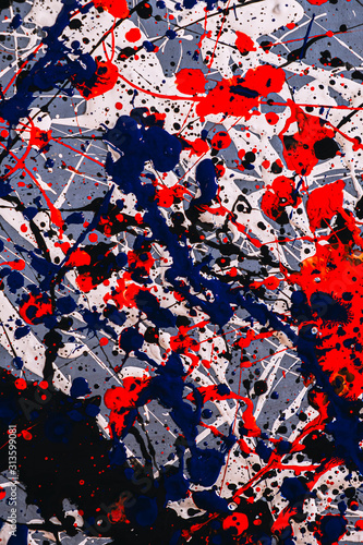 Picture painted using the technique of dripping. Mixing different colors dark blue red white black. Lines and spots. Vertical orientation.