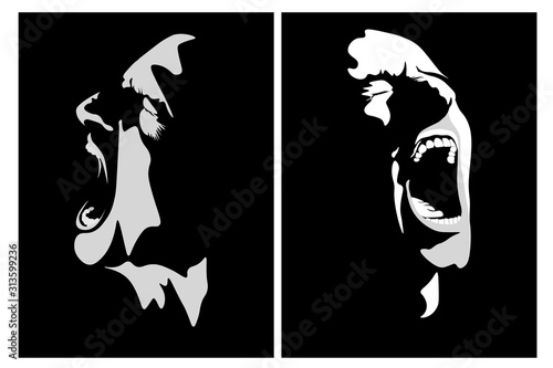 face silhouette drawing of an emotional screaming guy
