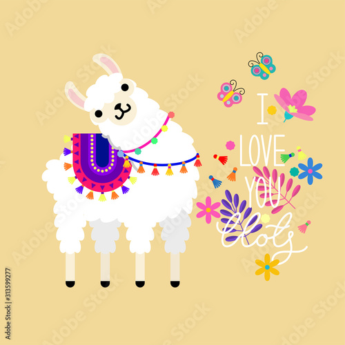 Cute llama alpaca and colorful spring flowers with lettering I love you llots. Llama character illustration for nursery design, poster, greeting, birthday card, baby shower design and party decor