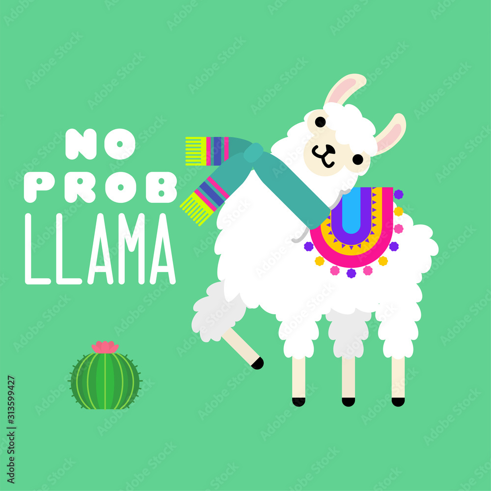 Cute llama alpaca vector graphic design with an inscription quote no prob llama. Llama character illustration for nursery design, poster, greeting, birthday card, baby shower design and party decor
