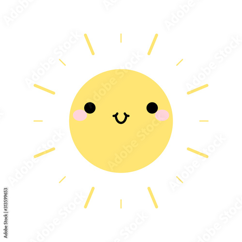 Cute sun icon. In kawaii style with smiling face and pink cheeks. The expression of emotions for design, art work, design cards and web pages. Vector illustration. 