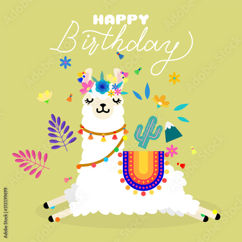 Cute llama alpaca with colorful spring flowers. Llama character illustration for nursery design, poster, greeting, birthday card, baby shower design and party decor