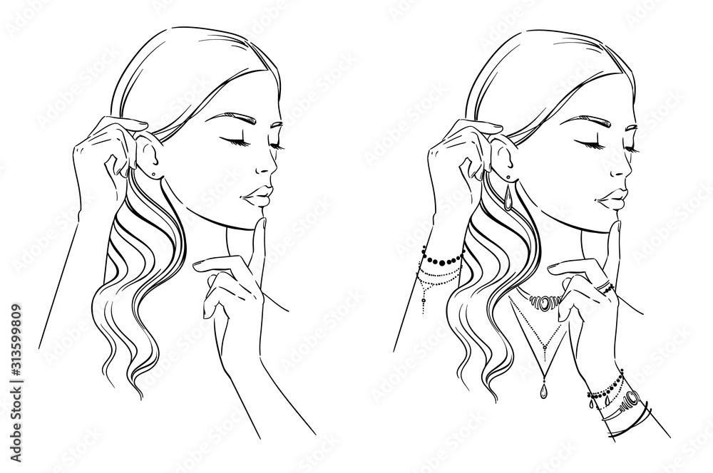 Beauty illustration. Fashion portrait of a woman with her hands at her face, template for jewellery display Beauty illustration. Fashion portrait of a woman with her hands at her face, template for jewellery display
