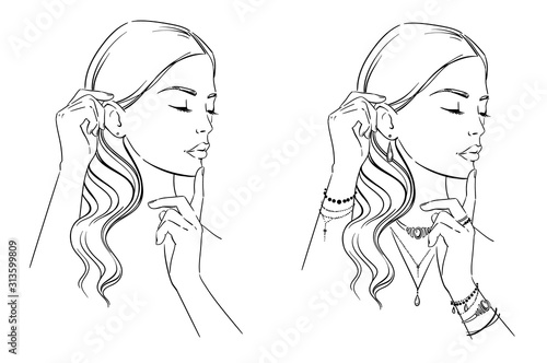 Beauty illustration. Fashion portrait of a woman with her hands at her face, template for jewellery display