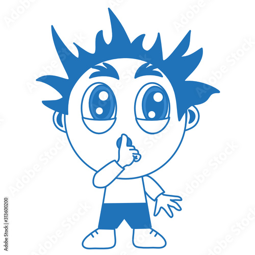 emoji with character shushing shh h to politely tell people to shut up and be quiet to keep silence, boy chibi in blue color using finger on mouth gesture to stop talking, simple hand drawn emoticon