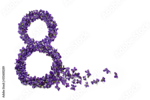 Womens day card. 8 march greeting card. Number eight shape violet flowers isolated on white background. Template for greeting card, web design