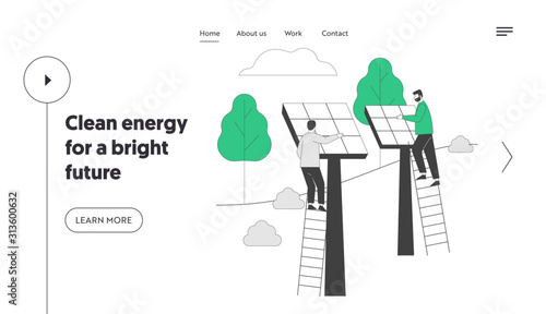 Renewable Green Energy Website Landing Page. Men Stand on Ladder Set Up Solar Panels for Using Power of Sun