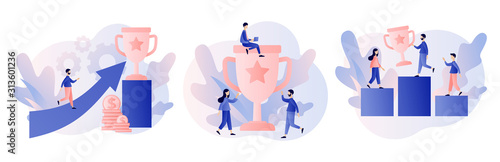 Success concept. Business Team Success, Achievement Concept. Tiny People with Prize, Cup. Modern flat cartoon style. Vector illustration on white background