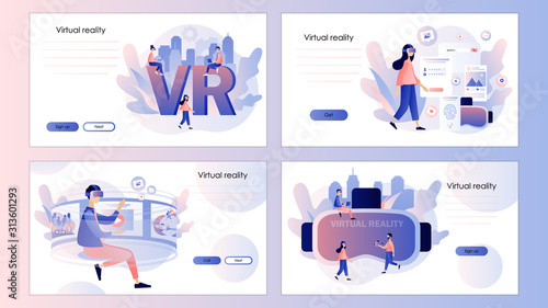Virtual reality concept. Tiny people using virtual reality glasses. Screen template for mobile smart phone, landing page, template,ui,web, mobile app, poster, banner, flyer. Modern flat cartoon vector
