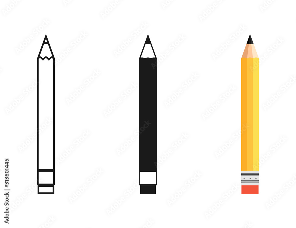 Pencil in different designs. Pencil with Rubber eraser, isolated on