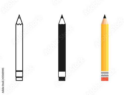 Pencil in different designs. Pencil with Rubber eraser, isolated on White background. Pencil with rubber eraser in modern simple flat design. Pencils vector icons. Vector photo