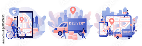 Online delivery service concept. Order tracking. Tiny people are couriers and customers. Modern flat cartoon style. Vector illustration on white background
