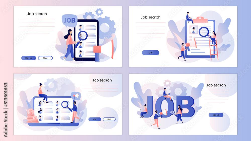 Job hiring and job search concept. Headhunting. Screen template for mobile smart phone, landing page, template, ui, web, mobile app, poster, banner, flyer. Modern flat cartoon style. Vector 