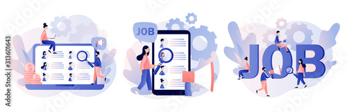 Job hiring and job search concept. Headhunting. Tiny people interviewed for job. We are Hiring. Modern flat cartoon style. Vector illustration on white background