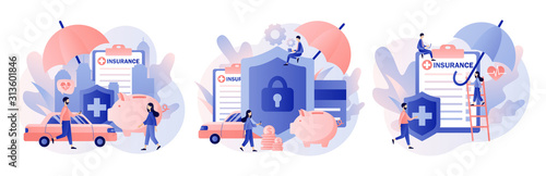 Insurance concept. Property and health insurance. Healthcare, finance and medical service. Modern flat cartoon style. Vector illustration on white background