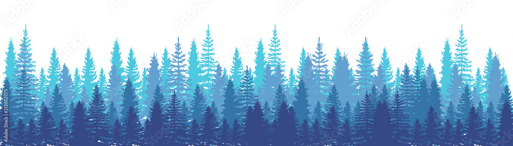 Pines Forest Panorama view. Spruce nature landscape. Forest background. Set of Pine, Spruce and Christmas Tree on White background. Silhouette forest background. Vector