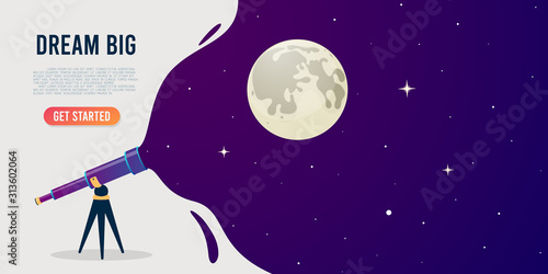 Look through the telescope view of night stars sky with different colors flat vector illustration of outer space background. Banner design