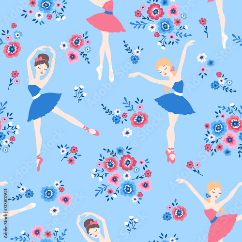 Ballet dance cartoon seamless pattern with ballerinas in tutu dresses and flowers on blue background