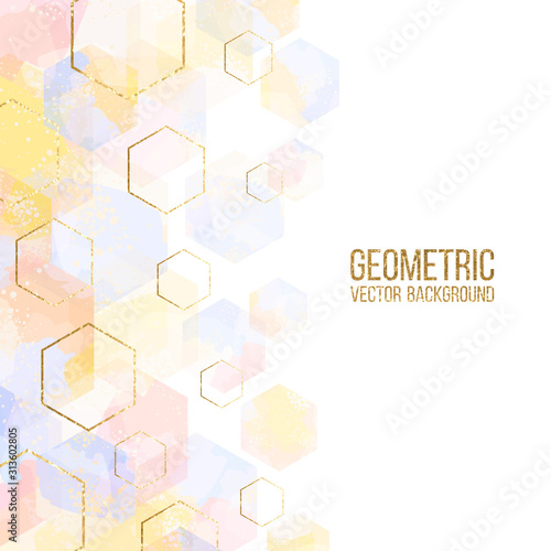 Geometric template illustration with gold and watercolor polygons on white. Hexagon abstract background