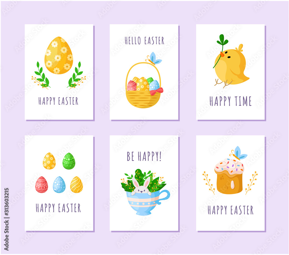 Easter Day eggs, little cartoon chicken, sweet cake, happy cute rabbit in tea cup, wooden basket with easter eggs, green branches, ready vector greeting cards or posters set, holiday decor